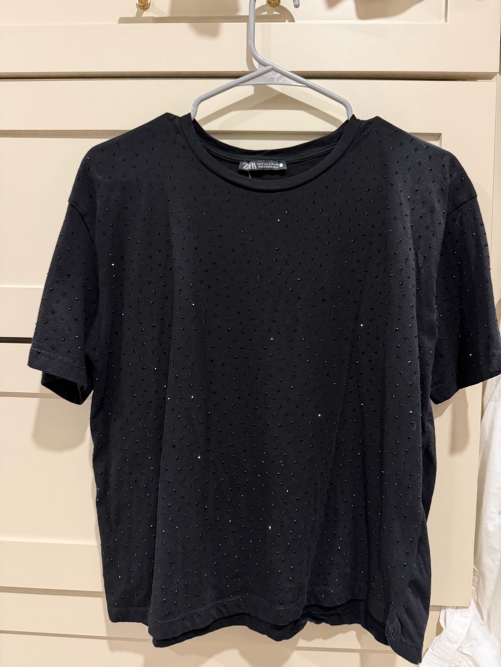 Zara Black Short Sleeve Crewneck T-Shirt with Subtle Stud Embellishment